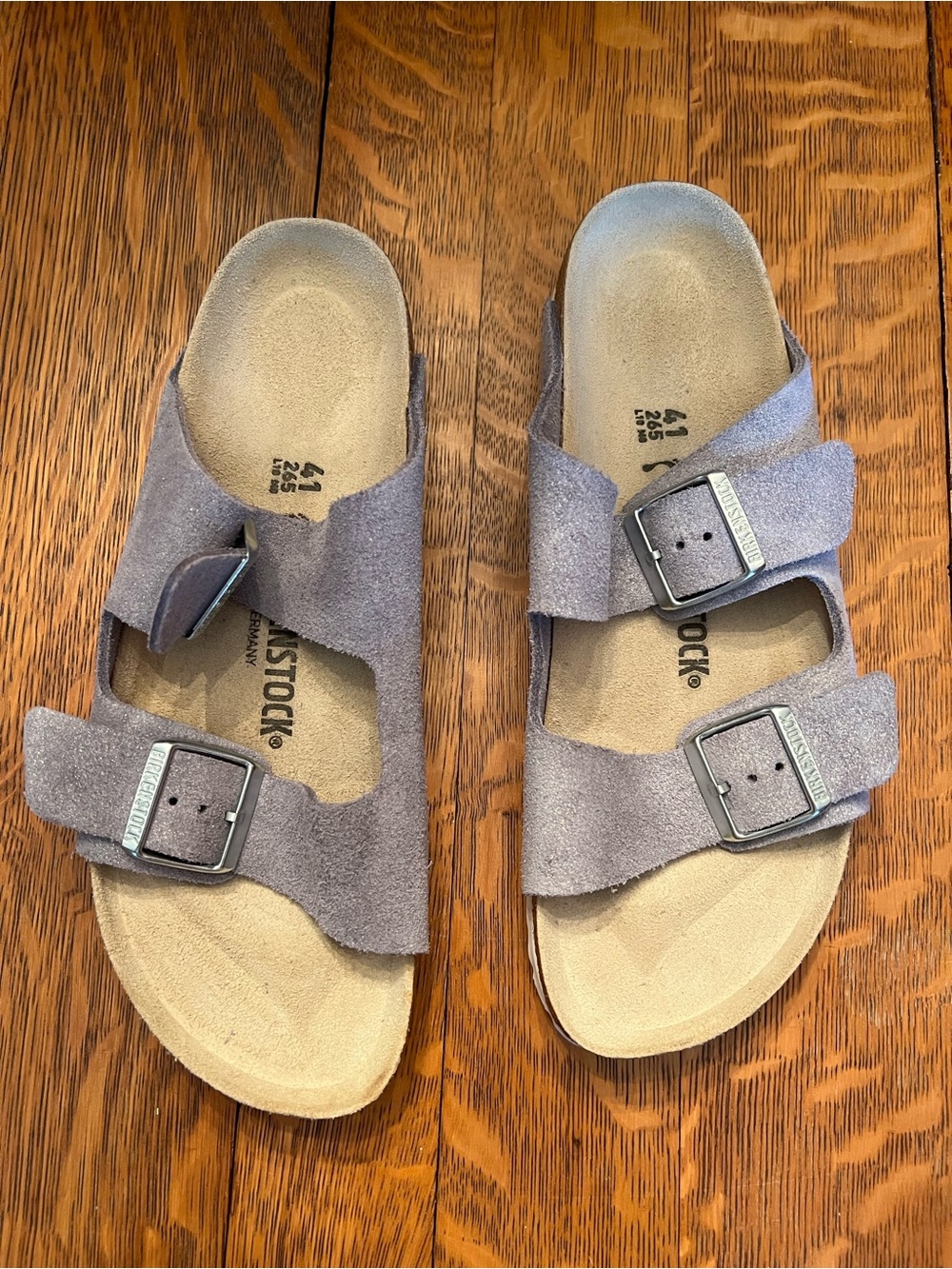 Birkenstock Two-Strap Suede Sandals in Purple Fog/ Shimmering Lilac
